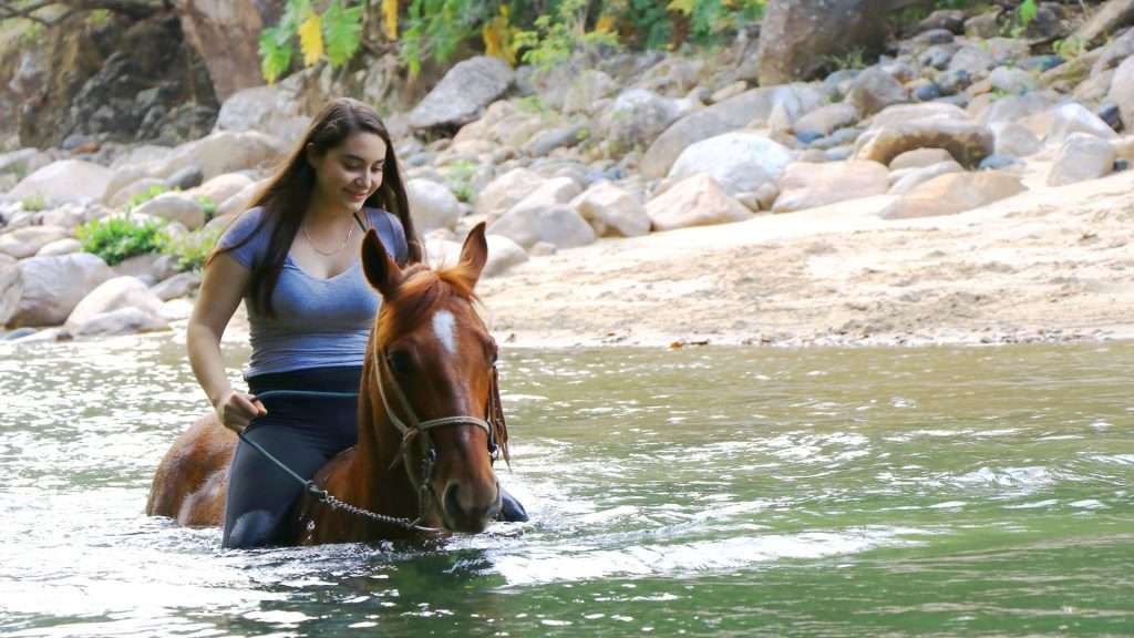 Crossingf a river on horseback, Vallarta.